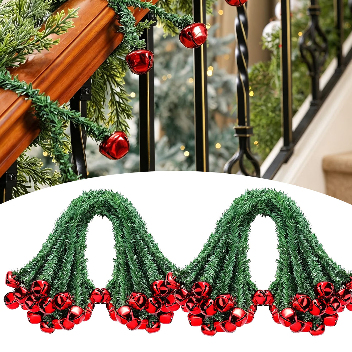 25 Pack Christmas Garland Ties with Bells, 20 Inch Decorative Twist Ties for Garland, Wreath, Stair Railing, Banister, Mantel, Front Door, Reusable Flexible Holiday Christmas Decorating Supplies, Red