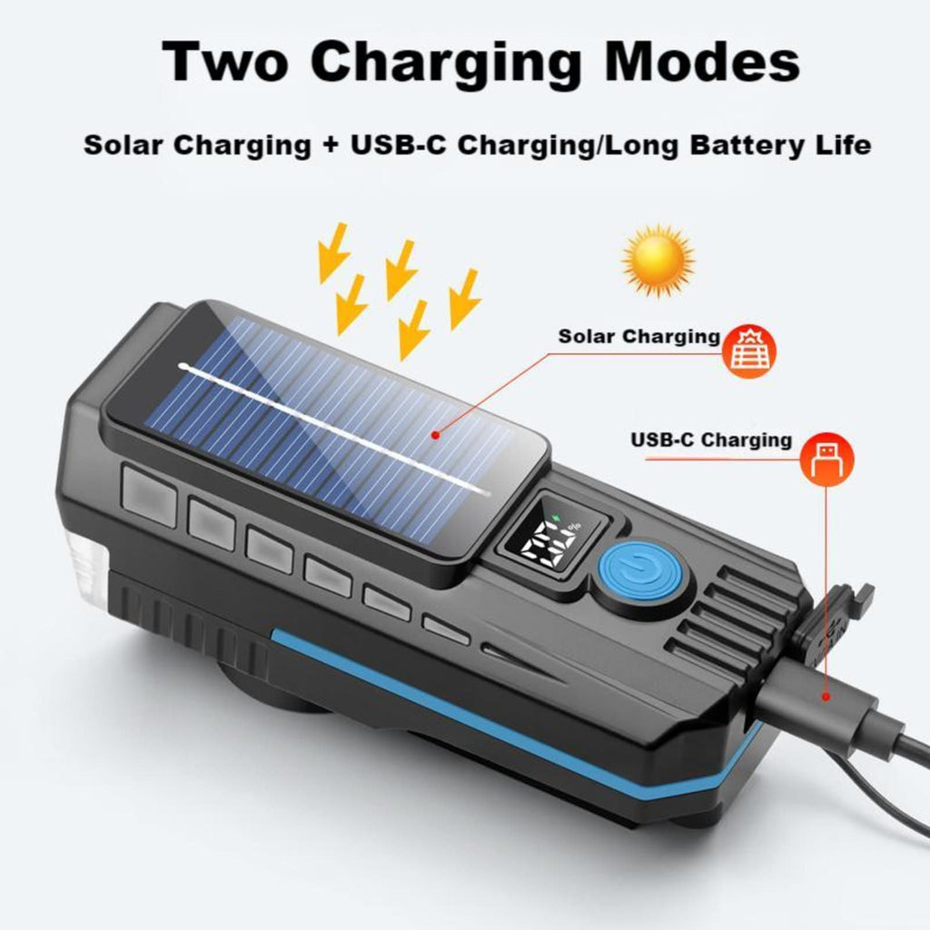 Bike Lights for Night Riding, Solar Bike Lights USB Rechargeable Bike Lights Front and Back Ultra Bright Bike Headlight with Speaker, 4 Mode Lights, Waterproof, Battery Level Display
