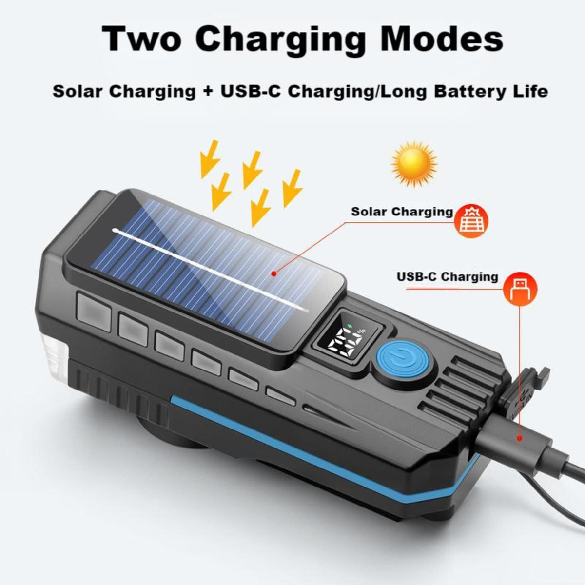 Bike Lights for Night Riding, Solar Bike Lights USB Rechargeable Bike Lights Front and Back Ultra Bright Bike Headlight with Speaker, 4 Mode Lights, Waterproof, Battery Level Display