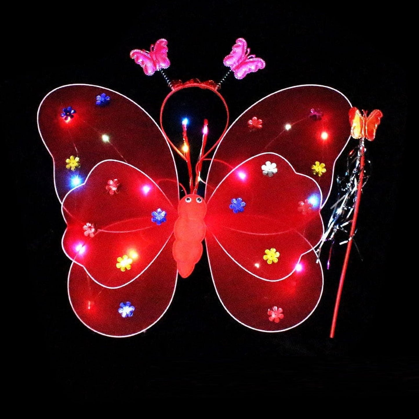 LED Children Costume Prop for Halloween Christmas Fairy Princess Kids Costume Sets Butterfly Wings Wand Headband Tutu Skirt New Year Gifts for 3 4 5 6 7 8 Years Old Girls Red with Light