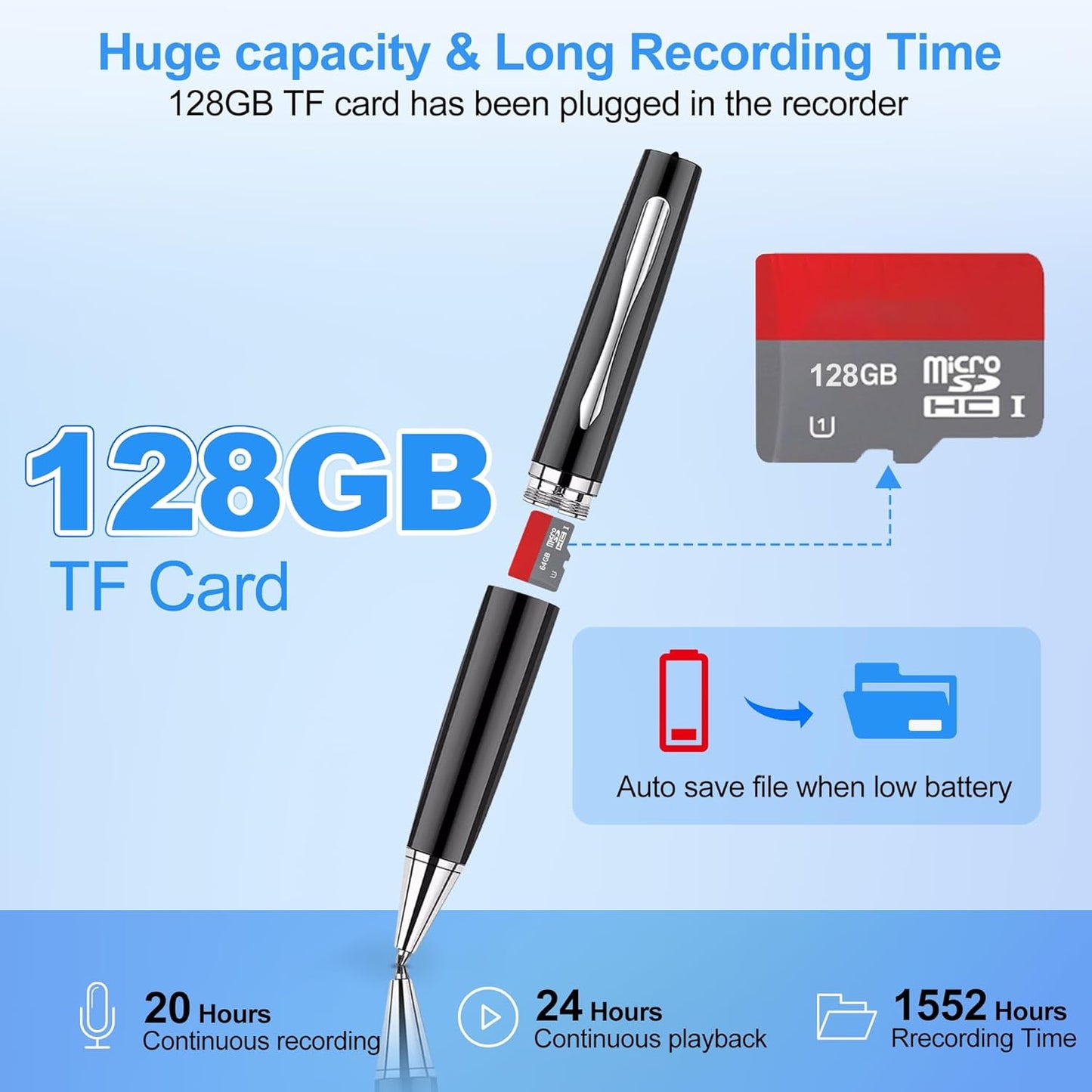 AI Digital Voice Recorder-128GB Voice Activated Recorder with Playback AI-Intelligent Noise Reduction Mp3 Player Voice Activated Sound Audio Tap Recorder Device for Meeting Course Lectures Interviews