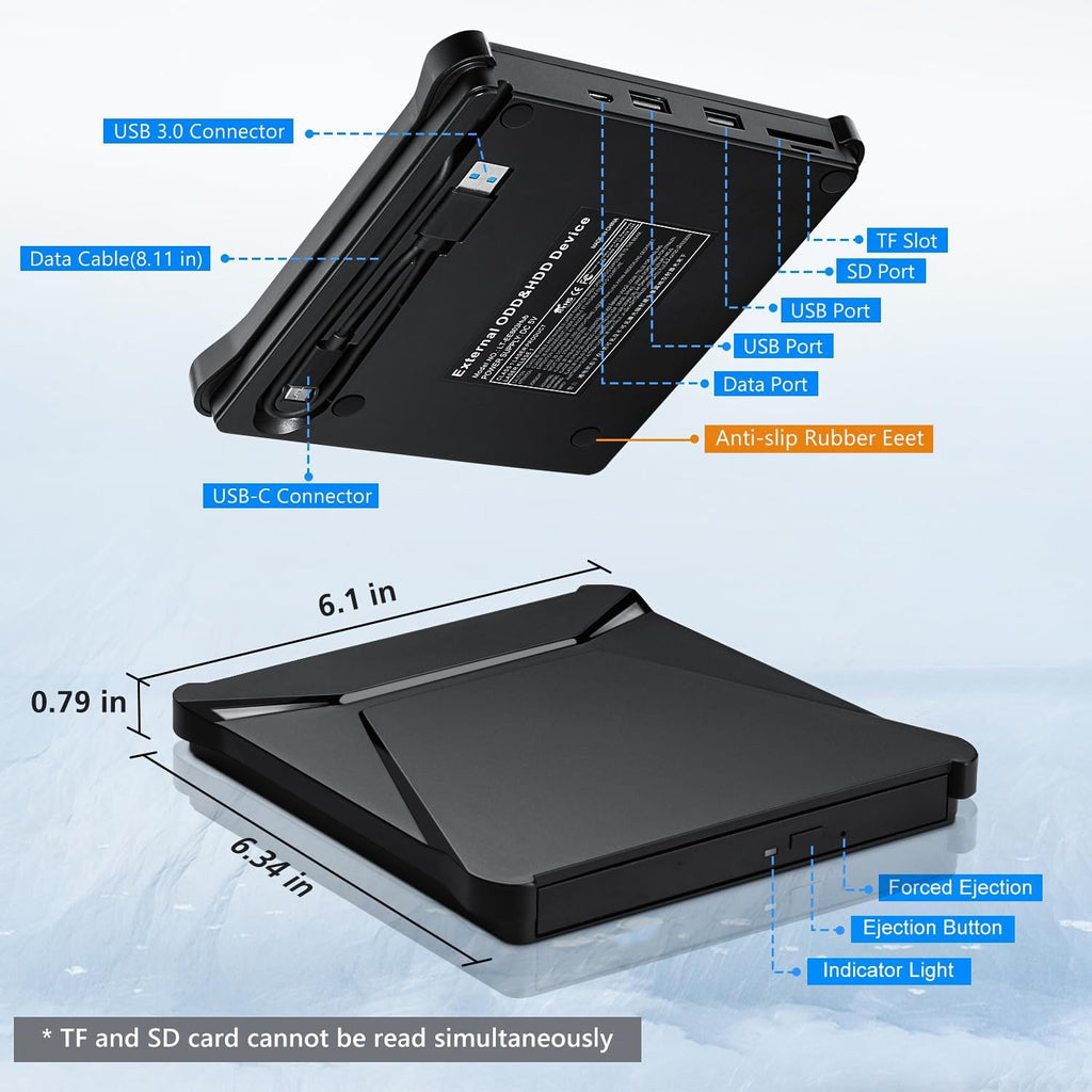 External DVD Drive USB 3.0 Type-C Portable CD Drive Burner Player Reader Writer 2 Ports TF SD Card Slots Optical Disk Laptop Mac PC Windows 11 10 8 7