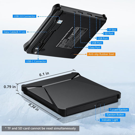 External DVD Drive USB 3.0 Type-C Portable CD Drive Burner Player Reader Writer 2 Ports TF SD Card Slots Optical Disk Laptop Mac PC Windows 11 10 8 7