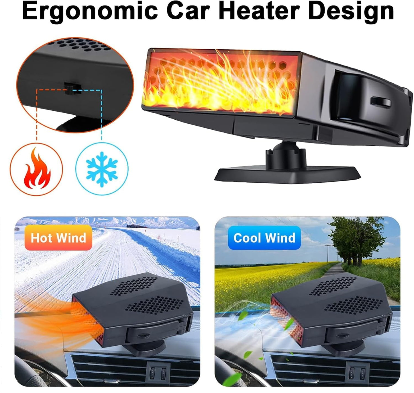 MUSICOZY Portable Car Heater 12V 200W Portable Car Heater and Defroster 360-Degree Rotation 2-in-1 Fast Heating Cooling Fan Car Windshield Defogger and Defroster with Smoke Igniter for All Cars Black