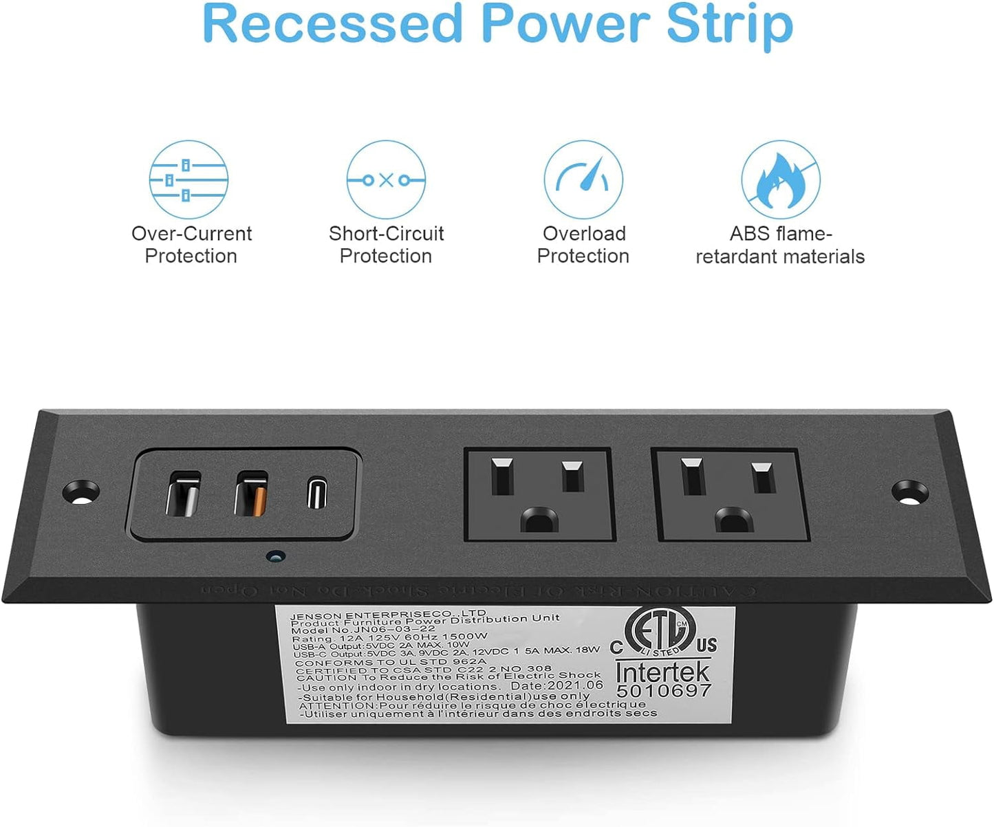 Recessed Power Strip with 20W USB C Port Fast Charging USB A Port Desk Outlet Furniture Hidden Charging Station for Side Table End Table with 6FT 45 Degree Flat Plug Extension Cord Black