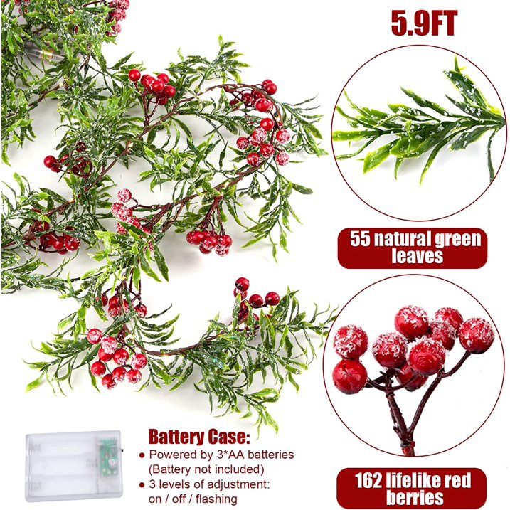 XEAZON Pre-Lit Christmas Garland, 6FT Artificial Christmas Garland String Lights with Red Berries Green Leaves 20 LED Lights for Christmas Mantle Stair Indoor Outdoor Holiday Decoration