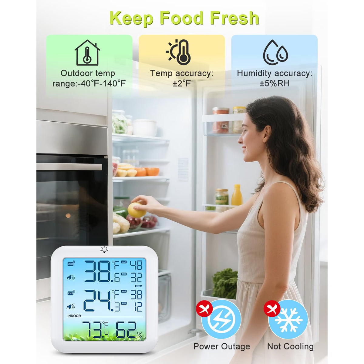 MUSICOZY Wireless Fridge and Freezer Thermometer with Alarm, Max/Min Temperature Records Digital Refrigerator Thermometer, 328FT Remote Range, Magnetic & Stand Options for Kitchen Home Restaurant