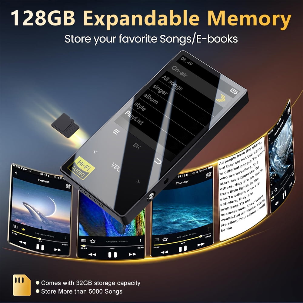 64GB MP3 Player with Bluetooth 5.4 Portable Lossless HiFi Sound Music Player with HD Speaker Digital Audio Player E-Book/Recorder/FM Radio Touch Buttons Support up to 128GB for Running Walking