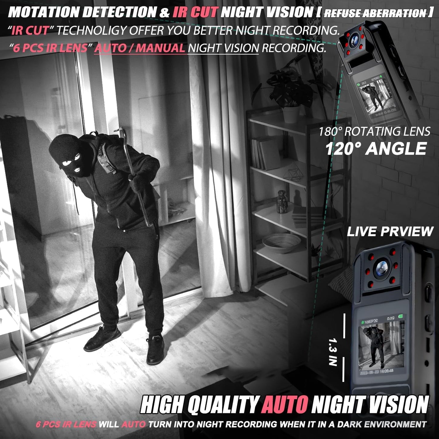 Body Camera with Audio and Video Recording HD 1080P Body Cam with 180° Rotating Lens 6HR Battery IR Cut Auto Night Vision 128GB Body Worn Camcorder for Personal Civilians Police Law Enforcement