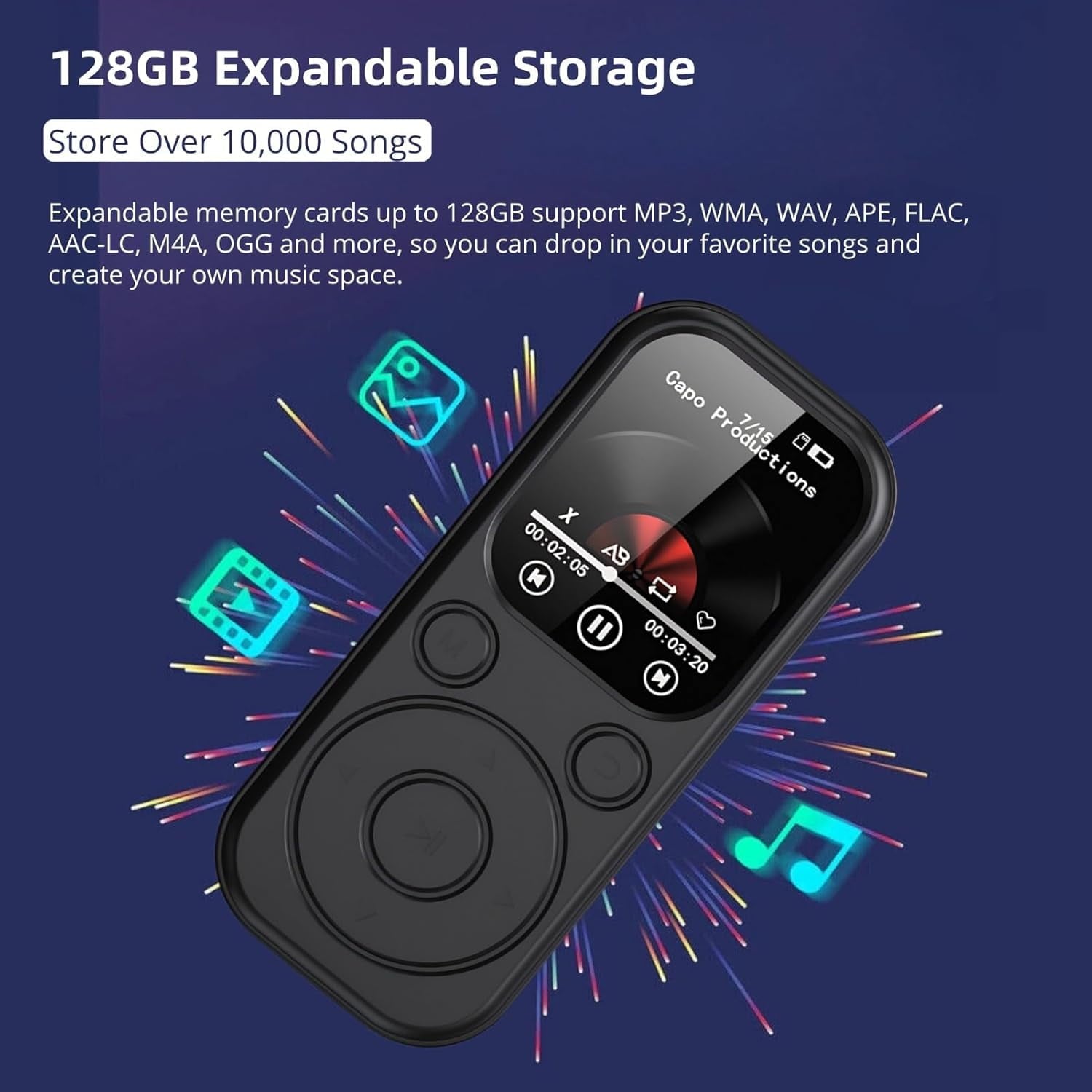 MP3 Player Bluetooth Music Player with 32GB Memory Card Earphone Build-in Speaker/Photo/Video Play/FM Radio/Voice Recorder BT5.4 Portable Music Player Supports up to 128GB for Kids Running Walking