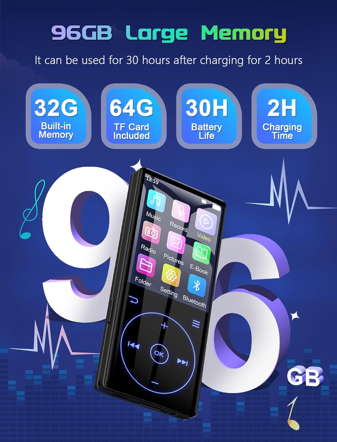 MUSICOZY 96GB MP3 Player with Bluetooth 5.0: Portable Lossless Sound Music Player with HD Speaker 2.4 Screen Voice Recorder FM Radio Touch Buttons 32G Storage+Support up to 64GB for Running Walking