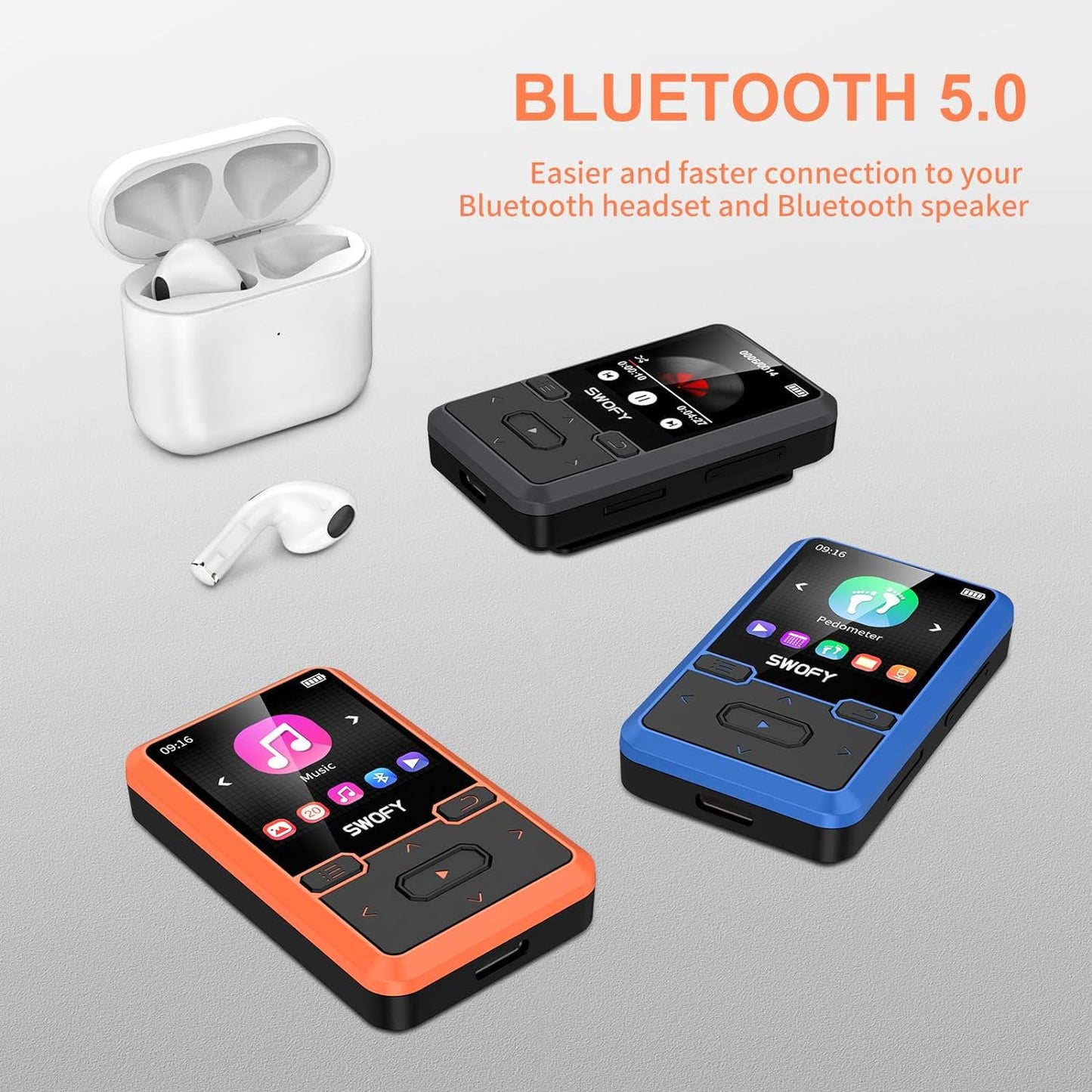 32GB MP3 Player with Bluetooth 5.0 Mini Clip Portable Wearable MP3 Player with FM Radio Recording Children s Music mp3 Player Mp3 Mp4 Player with Pedometer Music Player Support up to 128GB(Orange)