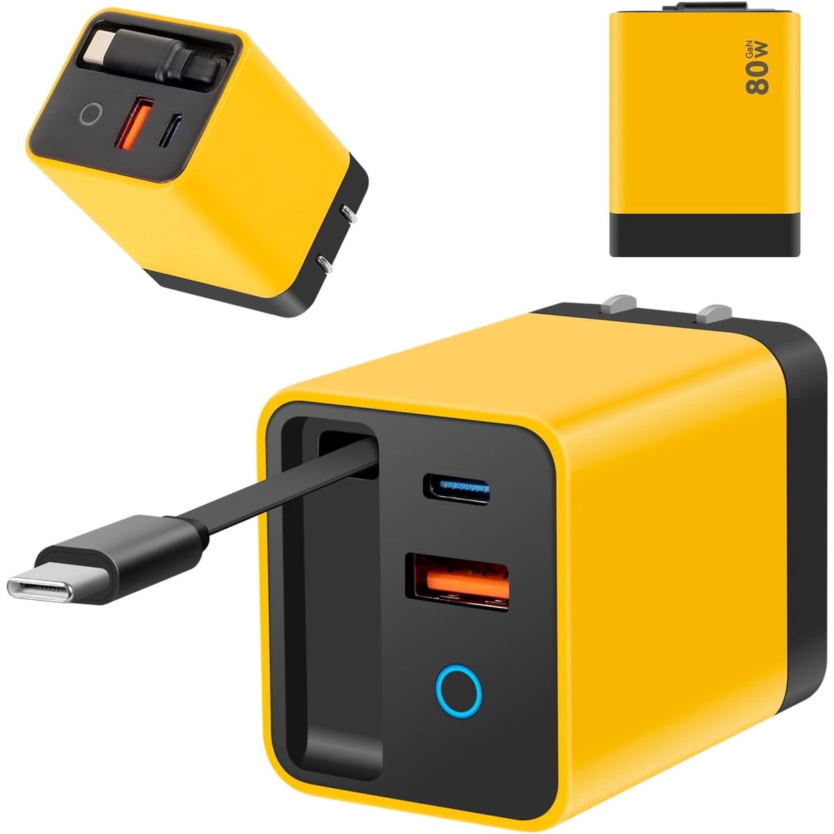 3 in 1 Type C Charger Fast Charging, 80w Charger Retractable Cable, Retractable USB C Charger with Type-C Cable & 2 USB Ports, All in One Chargers Retractable Cable, Home Travel Essential (Yellow)