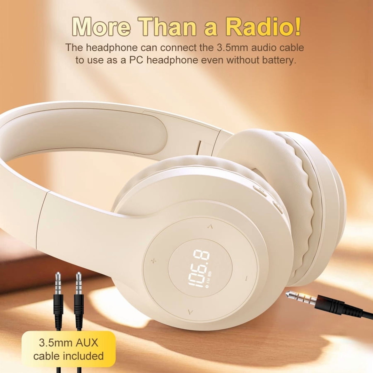 Wireless FM Radio Headphones with Bluetooth Built-in Microphone LED Display Rechargeable & Portable Headphones Soft Ear Muffs FM Headset Radio Receiver for Meeting Works Hiking Jogging