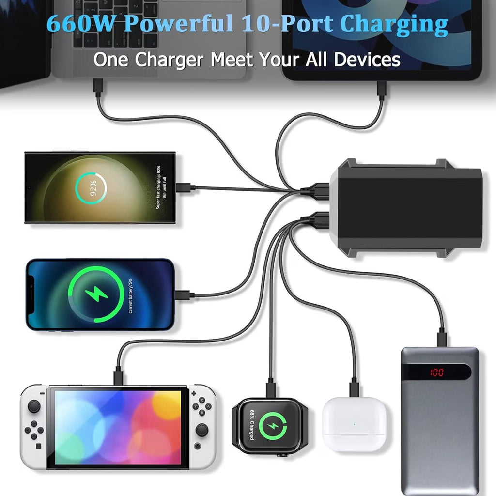 660W Charging Station for Multiple Devices, 10 Ports GaN III USB C Fast Charger Block, USB C Fast Charging Hub Organizer Compatible with All Phones and Computers for Home Office Travel, Black