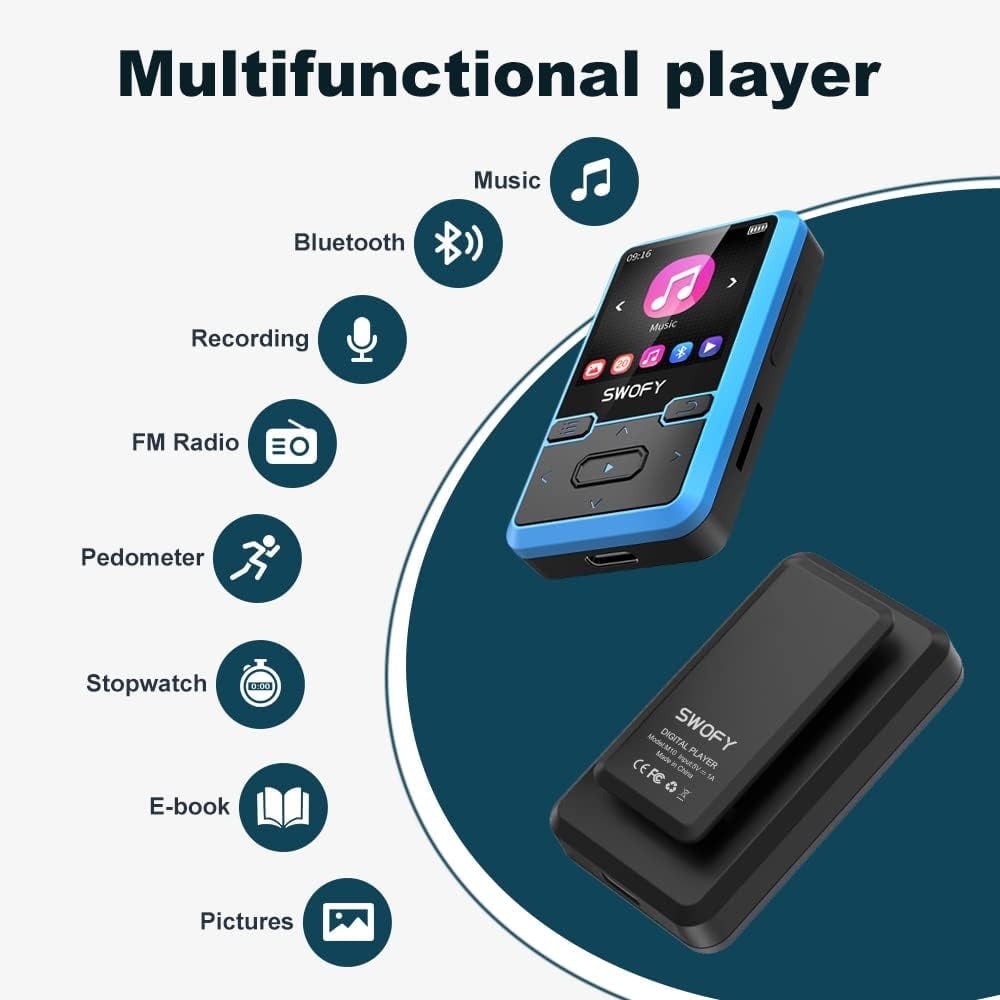 32GB MP3 Player with Bluetooth 5.0 Mini Clip Portable Wearable MP3 Player with FM Radio Recording Children s Music mp3 Player Mp3 Mp4 Player with Pedometer Music Player Support up to 128GB(Blue)