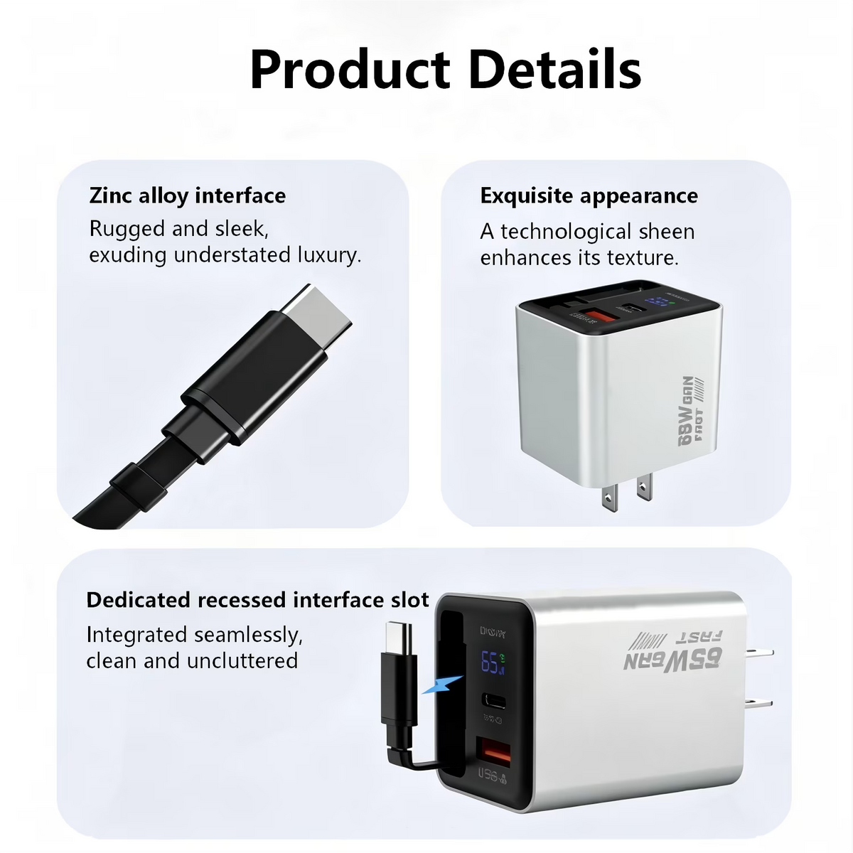 Retractable USB C Charger, 65w Fast USB C Charging Block with Type-C Cable & Dual Ports, Retractable Gan Wall Charger with Smart Display for All Phone Tablet Laptops Travel Essential, Grey