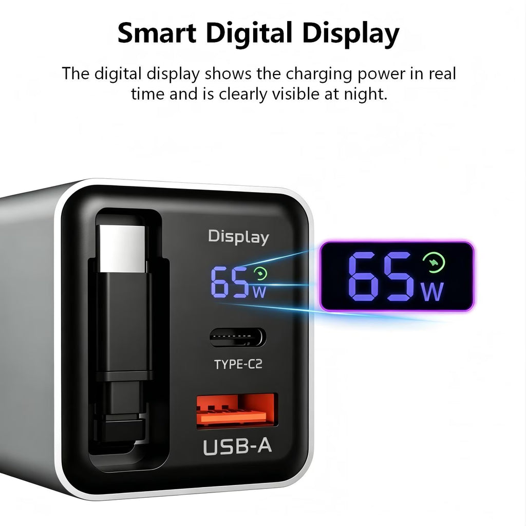 Retractable USB C Charger, 65w Fast USB C Charging Block with Type-C Cable & Dual Ports, Retractable Gan Wall Charger with Smart Display for All Phone Tablet Laptops Travel Essential, Grey