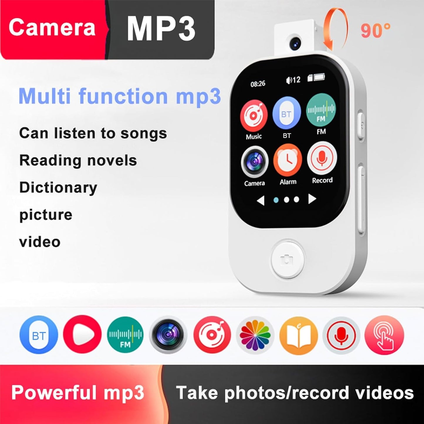 64GB Mini MP3 Player with Camera Bluetooth Mp3 Mp4 Music Player 2.0 IPS Touch Screen Android Player with Speaker FM Radio MP3 Player with E Book Alarm Clock Stopwatch Walkmen Player for Sports Travel