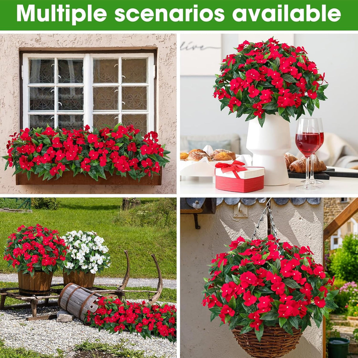 5 Pcs Artificial Flowers for Outdoors Silk Impatiens Flowers Bouquet Decorations Fake Faux Plants UV Resistant for Spring Summer Garden Porch Patio Window Box Balcony Planters Home Decor Red