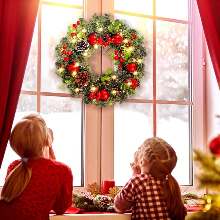 XEAZON Christmas Wreaths for Front Door, 16In Christmas Wreath with LED Lights Pine Cones and Berry Clusters, Festive Hanging Garland for Christmas Wall Fireplace Window Indoor Outdoor Decorations
