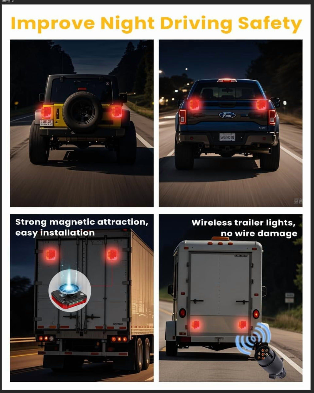 2-Pack Wireless Magnetic LED Trailer Light Set Ip67 Waterproof Wireless Trailer Lights Kit Portable for Pickup Trucks SUVs Boats RVs and More