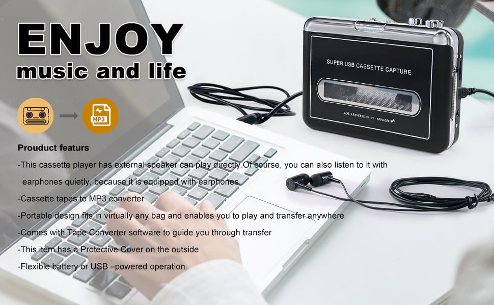 Clear Stereo Auto Reverse Walkmen Cassette Player with Detachable External Speaker-Portable Cassette to MP3 Digital Converter- Convert Tapes to Digital Format via USB-Compatible with MAC Laptops & PC
