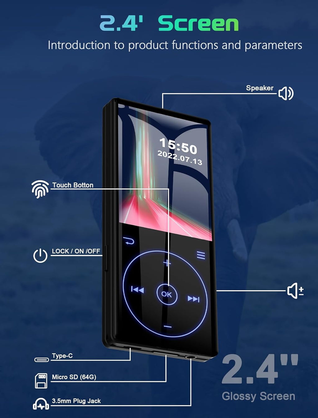 MUSICOZY 96GB MP3 Player with Bluetooth 5.0: Portable Lossless Sound Music Player with HD Speaker 2.4 Screen Voice Recorder FM Radio Touch Buttons 32G Storage+Support up to 64GB for Running Walking