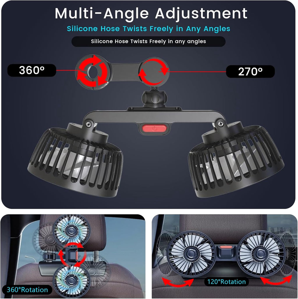 USB Car Cooling Fans for Backseat Dual Head Car Fan for Kids 360° Rotatable Headrest Fans 3-Speed Ultra-Quiet 5V Powerful Electric Air Circulation Fan for SUV Truck Sedan