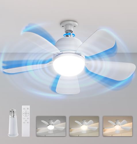 Socket Fan Light  20  Ceiling Fans with Lights and Remote  3-Colors Dimmable 5 Speeds Light E26/E27 Bulb Compatible/Ceiling Fan for Bedroom Home Office Dining Room Garage 1500 Lumens  White