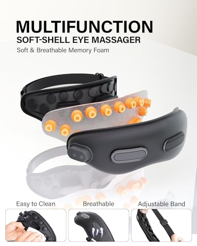 Eye Massager with Heat Eligible Migraine Relief Heated Eye Mask Vibration Migraines Device Compression Music Massager Reduce Dry Eye Improve Sleep Gifts for Women Men (Black)