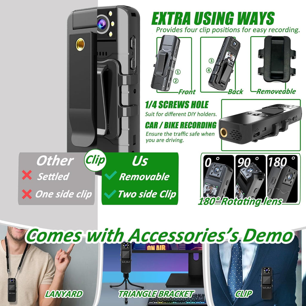 Body Camera with Audio and Video Recording HD 1080P Body Cam with 180° Rotating Lens 6HR Battery IR Cut Auto Night Vision 128GB Body Worn Camcorder for Personal Civilians Police Law Enforcement