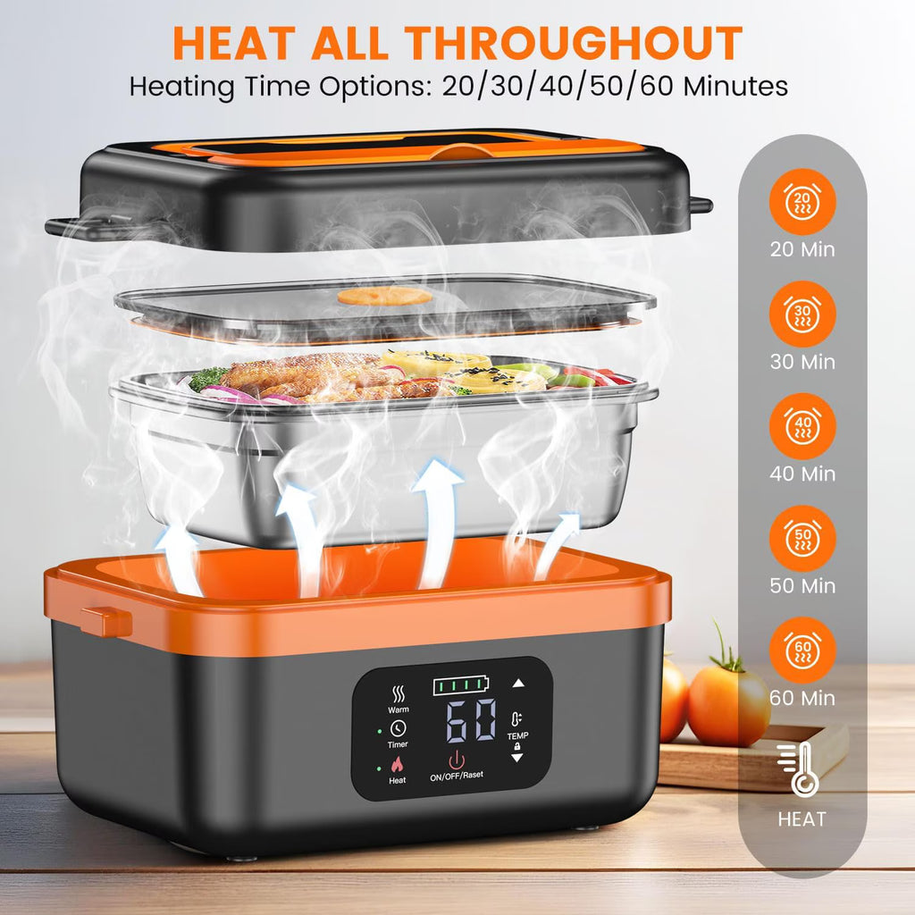 Cordless Electric Lunch Box for Adults, Rechargeable Self-Heating Lunch Box Food Warmer with Timer&Adjustable Heating,34oz/1L Stainless Container with Insulated Bag for Office,Picnic,Car&Outdoor Use