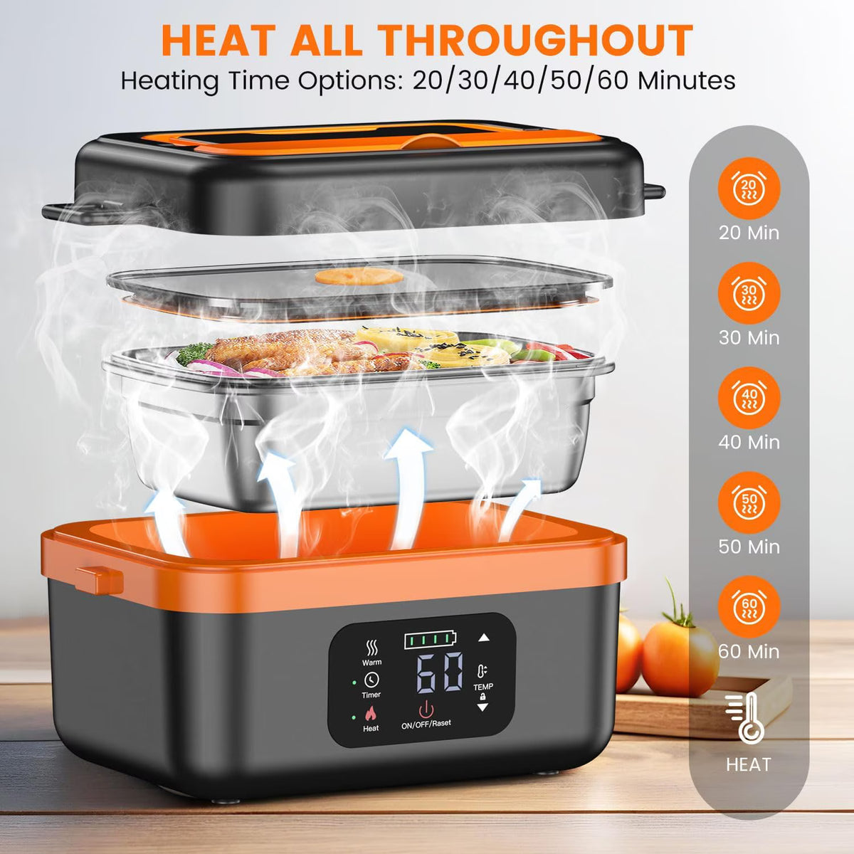 Cordless Electric Lunch Box for Adults, Rechargeable Self-Heating Lunch Box Food Warmer with Timer&Adjustable Heating,34oz/1L Stainless Container with Insulated Bag for Office,Picnic,Car&Outdoor Use