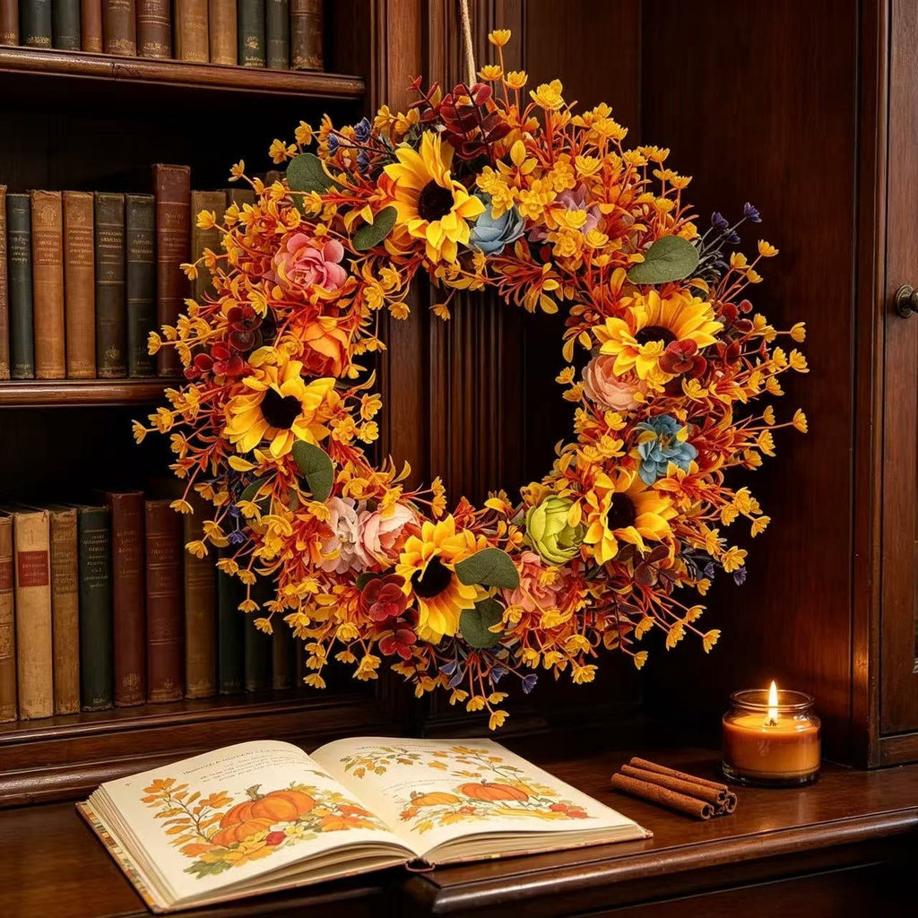 Fall Wreath Thanksgiving Decorations-18inch Fall Wreath with Sunflower Maple Leaf for Front Door - Autumn Wreath Artificial Wreaths with Flower for Thanksgiving Halloween Harvest Festival Home Decor
