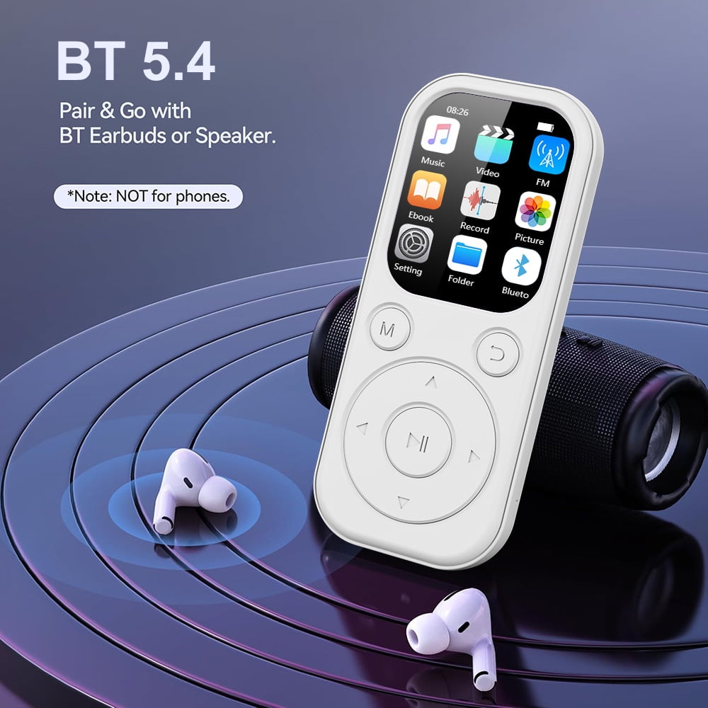 MP3 Player Bluetooth Music Player with 64GB Memory Card Earphone Build-in Speaker/Photo/Video Play/FM Radio/Voice Recorder BT5.4 Portable Music Player Supports up to 128GB for Kids Running Walking