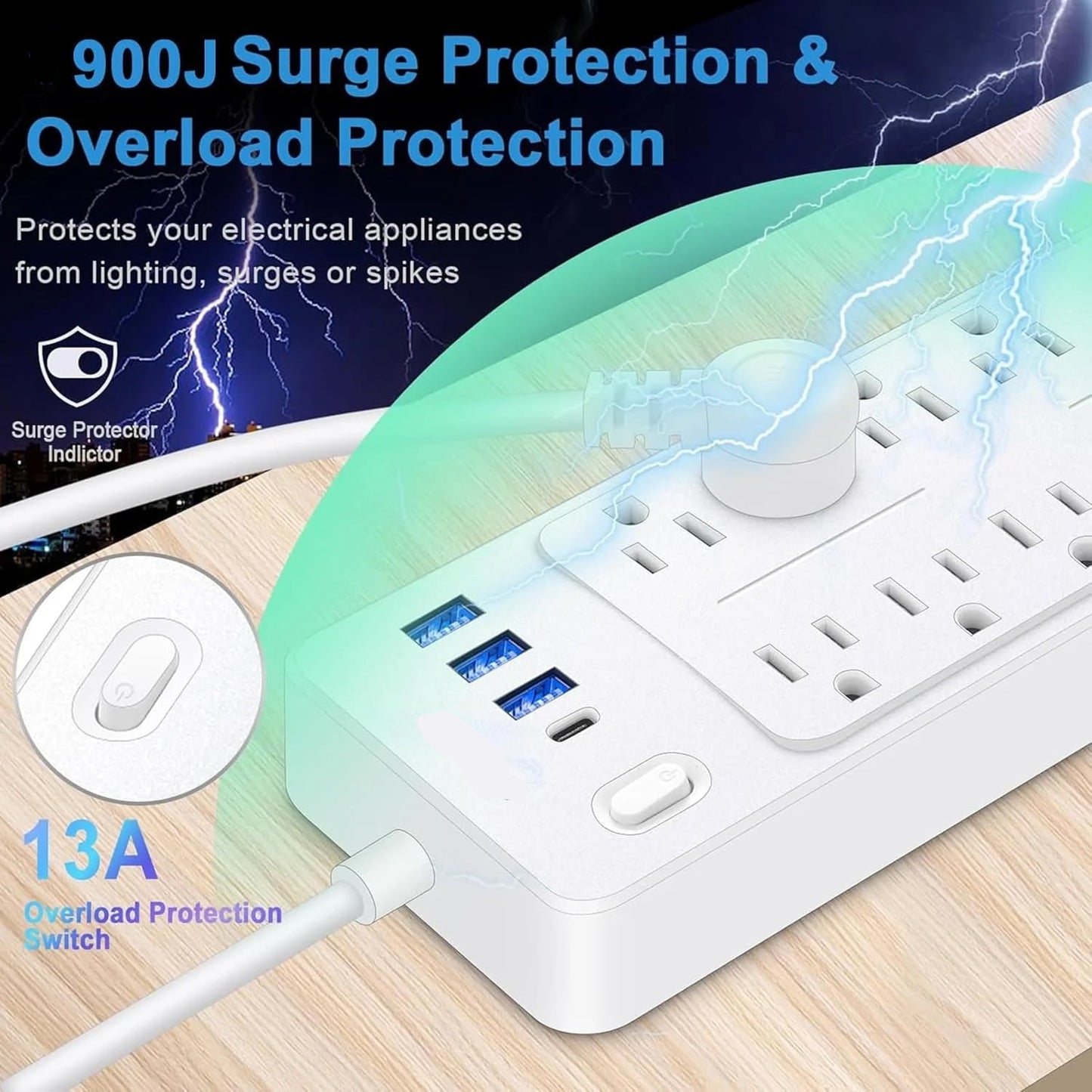 Power Strips with Surge Protection 16Awg Heavy Duty 2000W/13A 10 Outlets with 4 USB Ports (1 USB C) Extension Cord with Multiple Outlets 14-in-1 Flat Plug Power Strip Protector for Home Office White