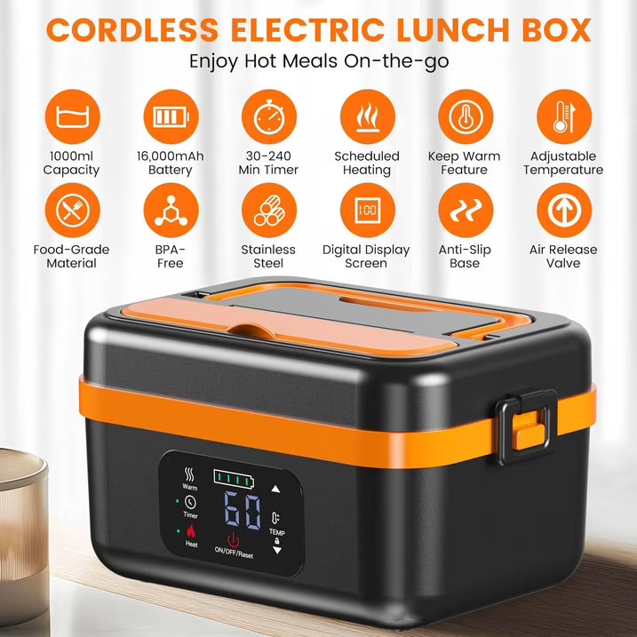 Cordless Electric Lunch Box for Adults, Rechargeable Self-Heating Lunch Box Food Warmer with Timer&Adjustable Heating,34oz/1L Stainless Container with Insulated Bag for Office,Picnic,Car&Outdoor Use