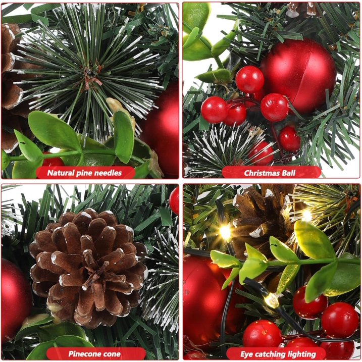 XEAZON Christmas Wreaths for Front Door, 16In Christmas Wreath with LED Lights Pine Cones and Berry Clusters, Festive Hanging Garland for Christmas Wall Fireplace Window Indoor Outdoor Decorations