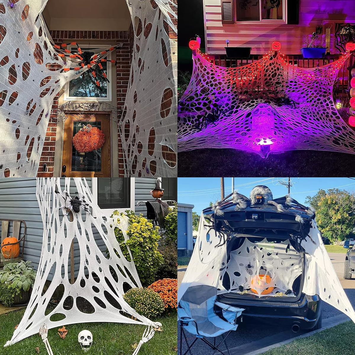Halloween Spider Web Decorations Outdoor, 450sqft Stretchy Giant Spider Web with 10 Ground Stakes, Polyester Beef Netting Spider Web for Yard Lawn Haunted House Halloween Party Decorations