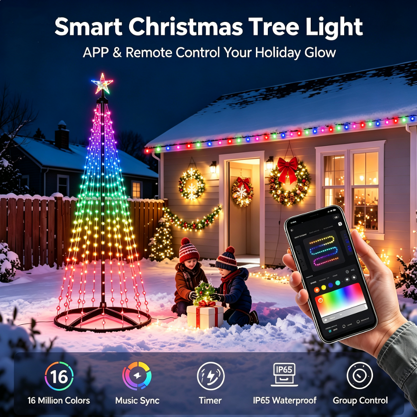 7FT Smart Christmas Tree Light IP65 RGB Christmas LED Lights 16 Mil Color Changing APP & Remote Control Music Sync Timer Group Control String Lights Xmas Decor Patio Beach Pool Cruise Party Gift