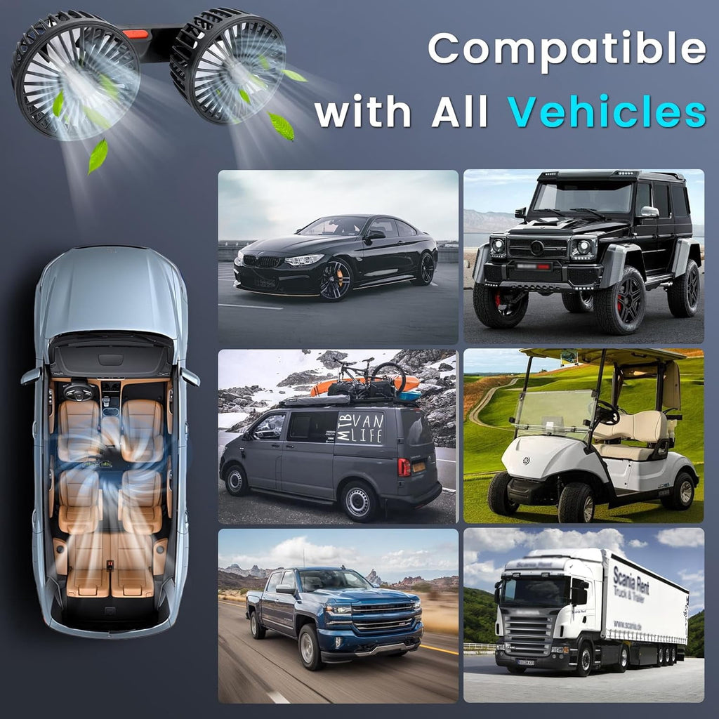 USB Car Cooling Fans for Backseat Dual Head Car Fan for Kids 360° Rotatable Headrest Fans 3-Speed Ultra-Quiet 5V Powerful Electric Air Circulation Fan for SUV Truck Sedan