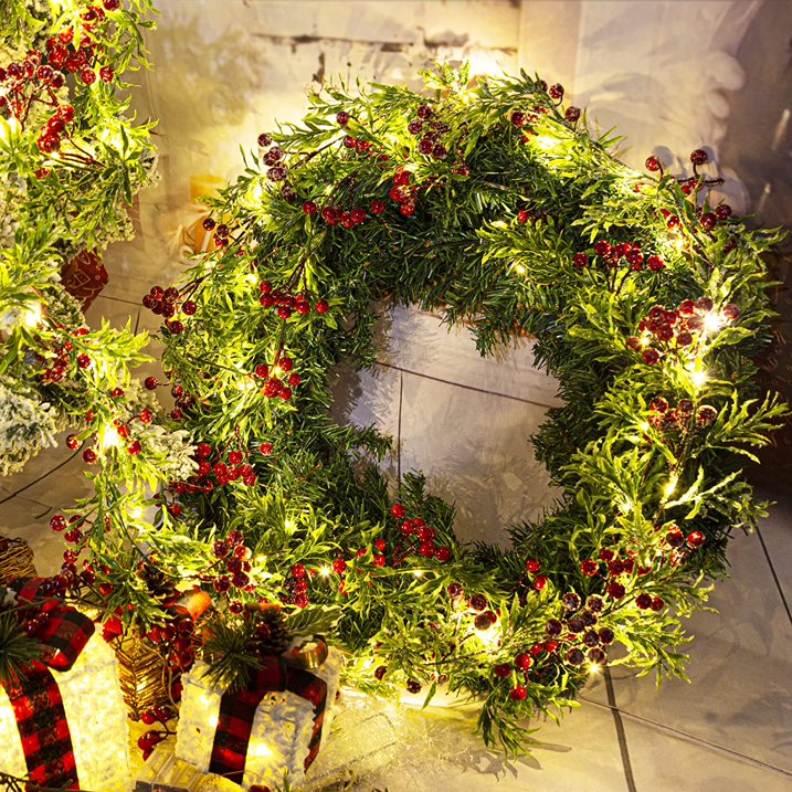 XEAZON Pre-Lit Christmas Garland, 6FT Artificial Christmas Garland String Lights with Red Berries Green Leaves 20 LED Lights for Christmas Mantle Stair Indoor Outdoor Holiday Decoration