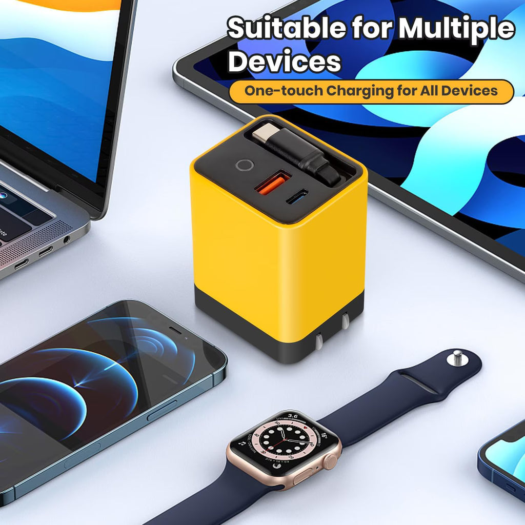 3 in 1 Type C Charger Fast Charging, 80w Charger Retractable Cable, Retractable USB C Charger with Type-C Cable & 2 USB Ports, All in One Chargers Retractable Cable, Home Travel Essential (Yellow)