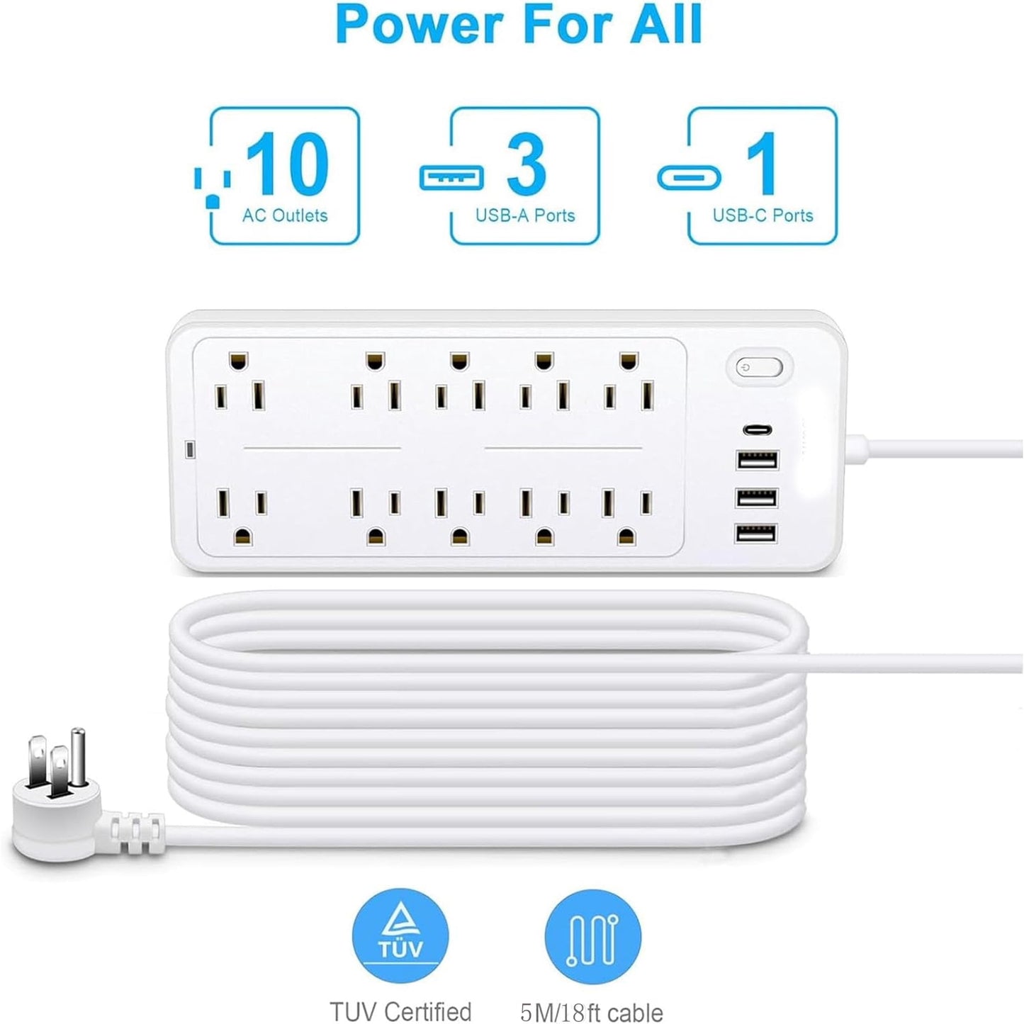 Power Strips with Surge Protection 16Awg Heavy Duty 2000W/13A 10 Outlets with 4 USB Ports (1 USB C) Extension Cord with Multiple Outlets 14-in-1 Flat Plug Power Strip Protector for Home Office White