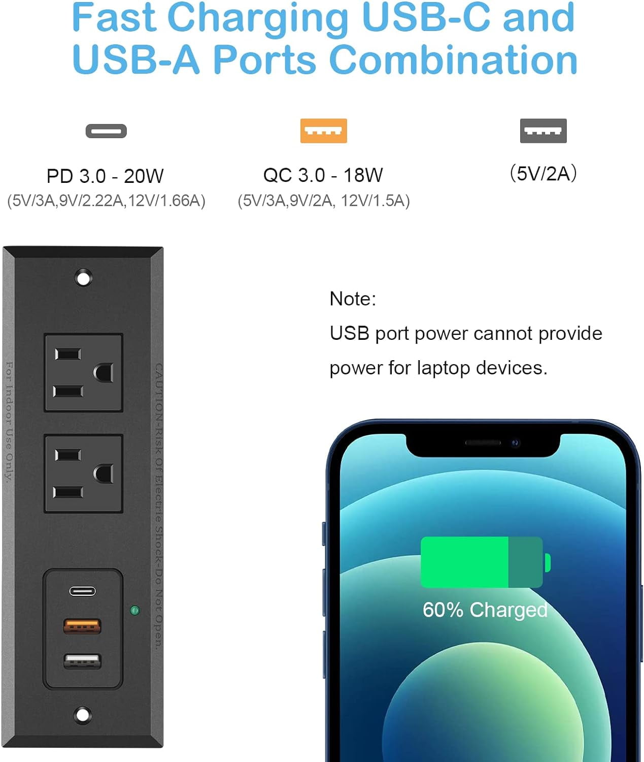 Recessed Power Strip with 20W USB C Port Fast Charging USB A Port Desk Outlet Furniture Hidden Charging Station for Side Table End Table with 6FT 45 Degree Flat Plug Extension Cord Black