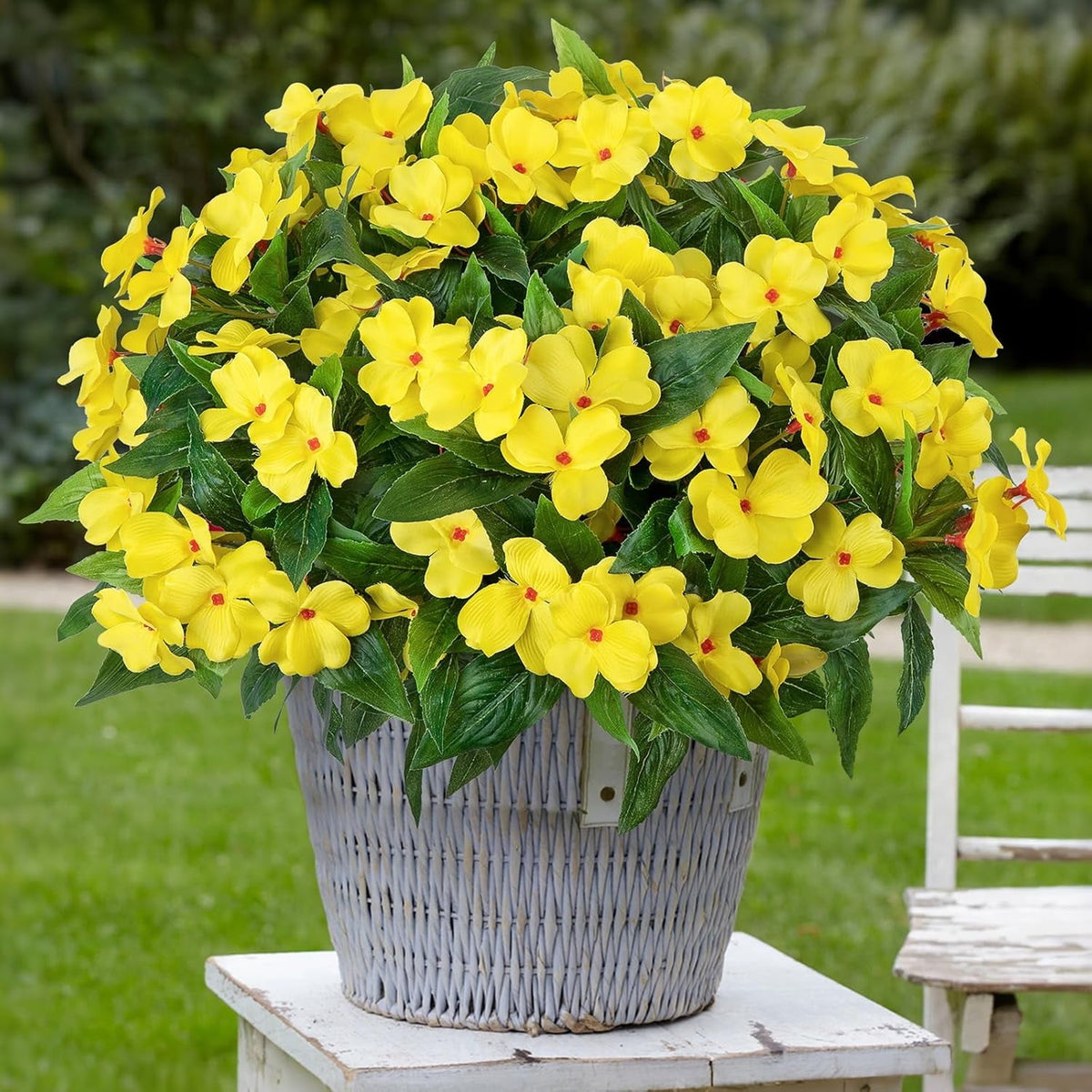 5 Pcs Artificial Flowers for Outdoors Silk Impatiens Flowers Bouquet Decorations Fake Faux Plants UV Resistant for Spring Summer Garden Porch Patio Window Box Balcony Planters Home Decor Yellow