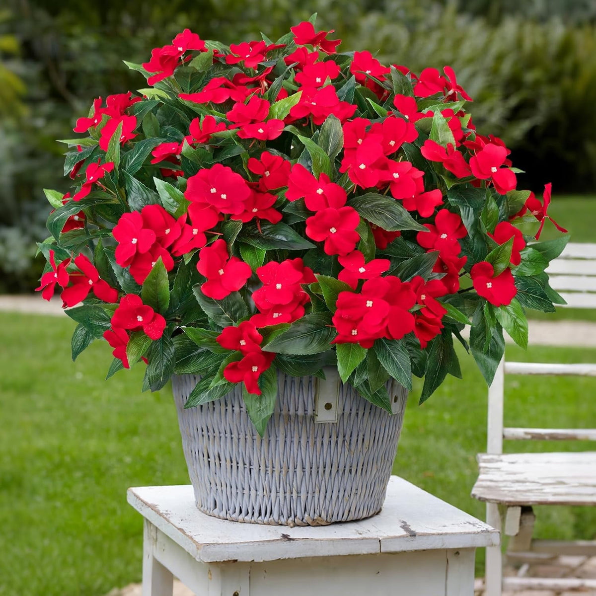 5 Pcs Artificial Flowers for Outdoors Silk Impatiens Flowers Bouquet Decorations Fake Faux Plants UV Resistant for Spring Summer Garden Porch Patio Window Box Balcony Planters Home Decor Red