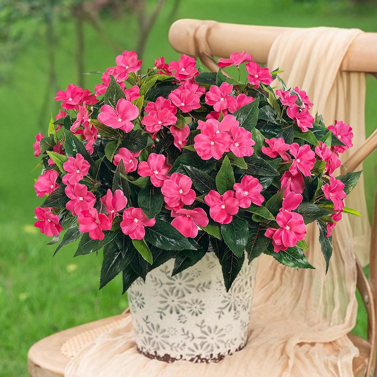 5 Pcs Artificial Flowers for Outdoors Silk Impatiens Flowers Bouquet Decorations Fake Faux Plants UV Resistant for Spring Summer Garden Porch Patio Window Box Balcony Planters Home Decor Rose