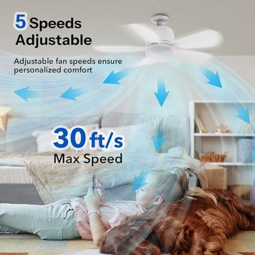 Socket Fan Light  20  Ceiling Fans with Lights and Remote  3-Colors Dimmable 5 Speeds Light E26/E27 Bulb Compatible/Ceiling Fan for Bedroom Home Office Dining Room Garage 1500 Lumens  White